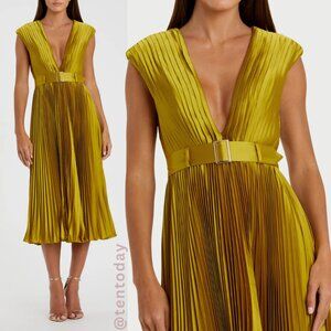 New Mac Duggal Size 12 Chartreuse Green Yellow Satin Pleated Midi Tea Gown Dress
